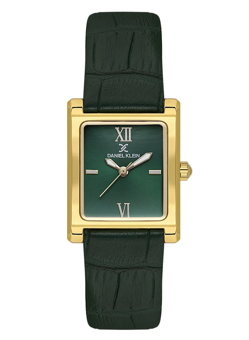 DANIEL KLEIN Women's Leather Gold Alloy Case Analog Dark Green Square Sunray Dial Japanese Quartz Premium 30 Meters Water Resistant